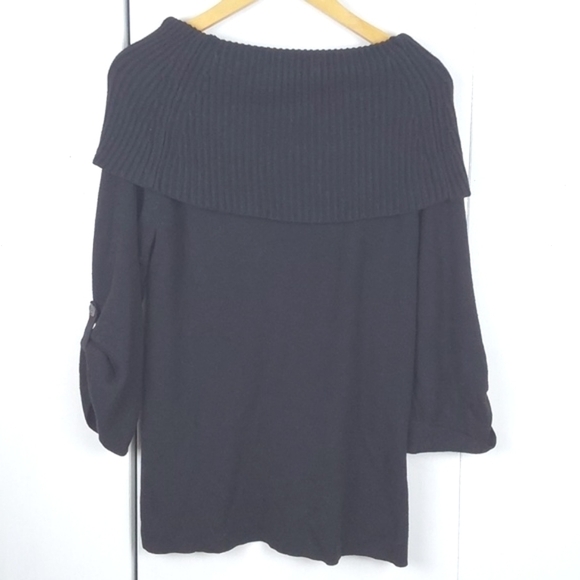 Kenneth Cole Black Knit Off Shoulder Roll Tab  Neutral Wool Sweater Top  Sz.M - Picture 4 of 6